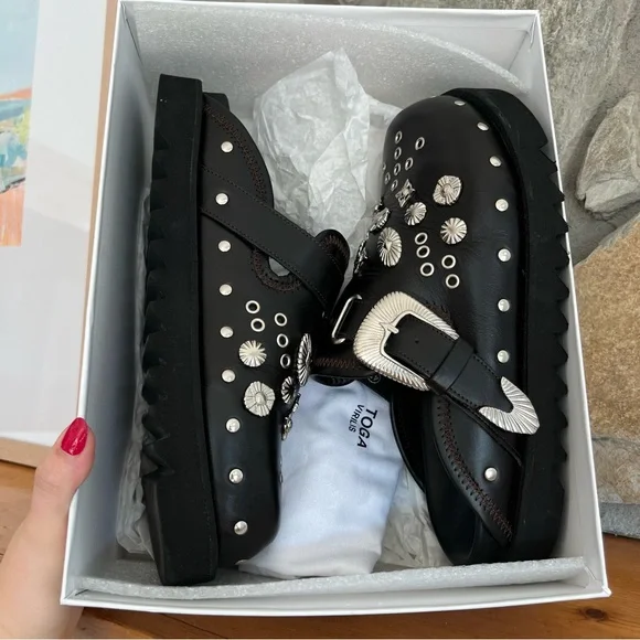 TOGA VIRILIS Men’s Black Eyelet Metal Sabot Slip-on Loafers Embellished Slippers - Picture 8 of 9